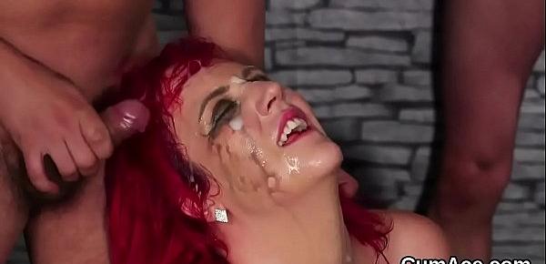  Wicked bombshell gets cum load on her face gulping all the jizm